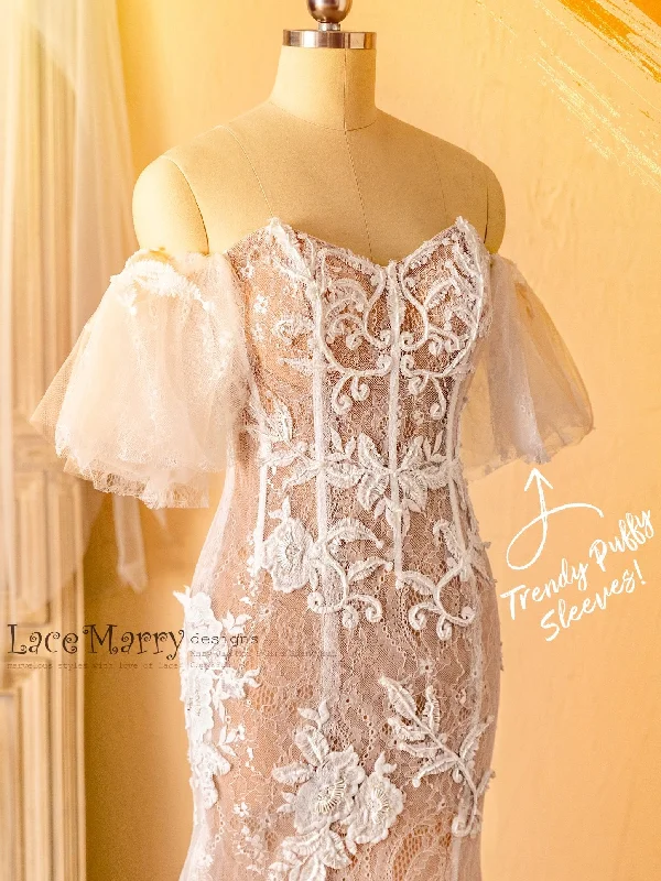 Bargain Bin MARA / Fitted Nude Wedding Dress with Amazing Beading Detail and Puffy Sleeves Bargain Bin MARA / Fitted Nude Wedding Dress with Amazing Beading Detail and Puffy Sleeves