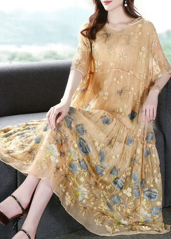 Huge Discounts Italian Apricot Embroidered Hooded Extra Large Hem Silk Maxi Dresses AC3040