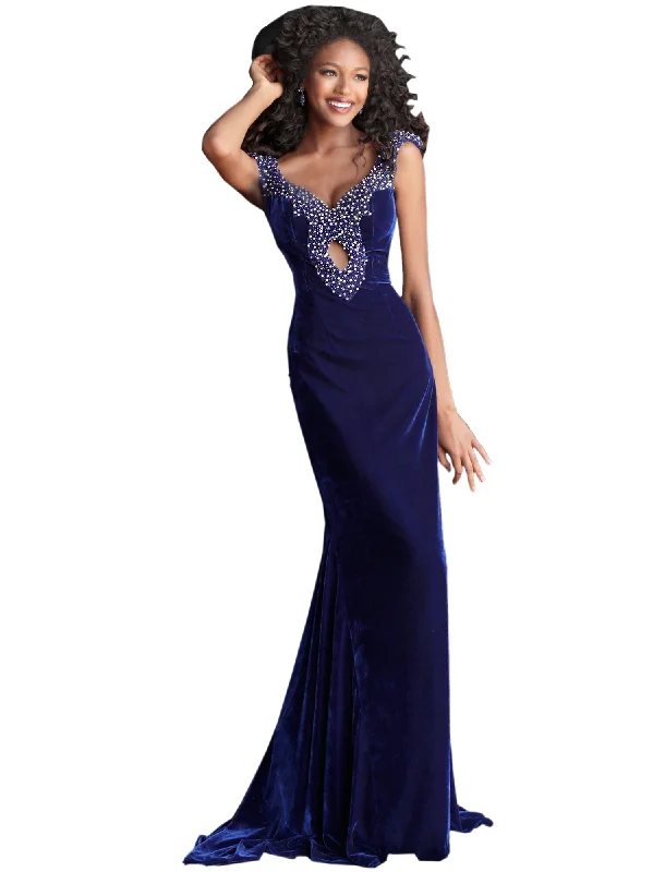 Price Meltdown Jovani Navy Embellished V Neck Velvet Prom Dress