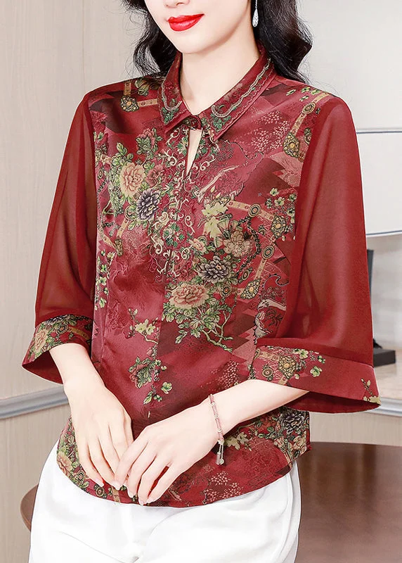 Year-End Sale Wine Red Print Silk Blouses Peter Pan Collar Summer OP1069