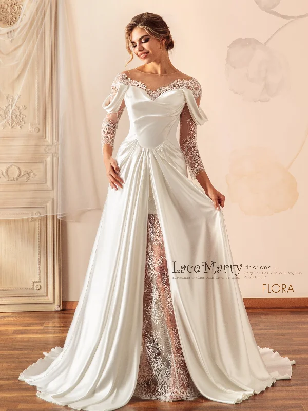 Price Buster FLORA / Illusion Neck Lace Wedding Dress with Slit on the Skirt