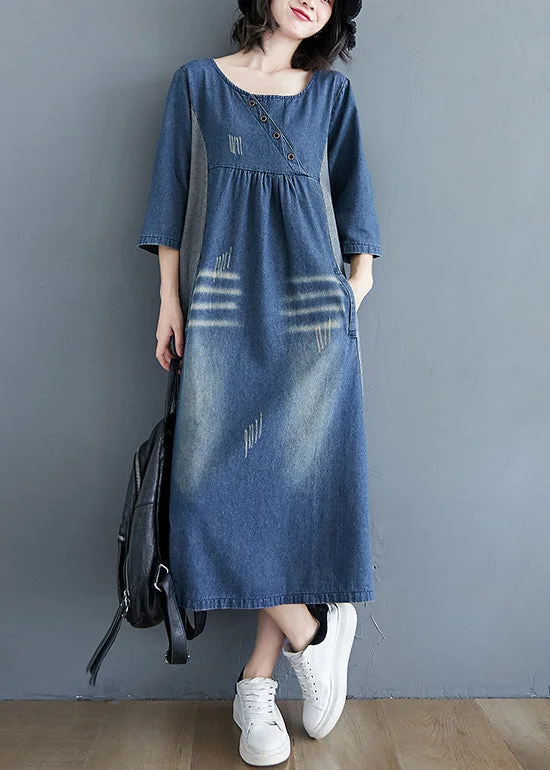 Special Offer Simple Blue O-Neck Patchwork Wrinkled Denim Long Dress Spring AC2084