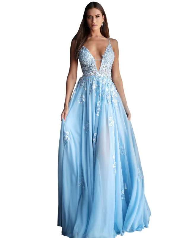 Sale Event Jovani Light Blue Floral Embroidered Plunging Neckline Prom Dress