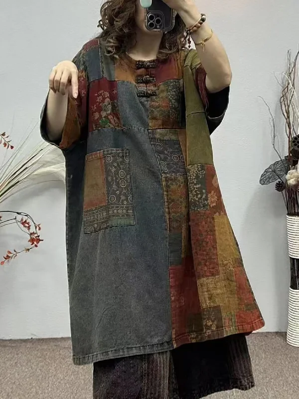 Anniversary Sale Women Summer Vintage Patch Spliced Buckle Long Shirt QW1003