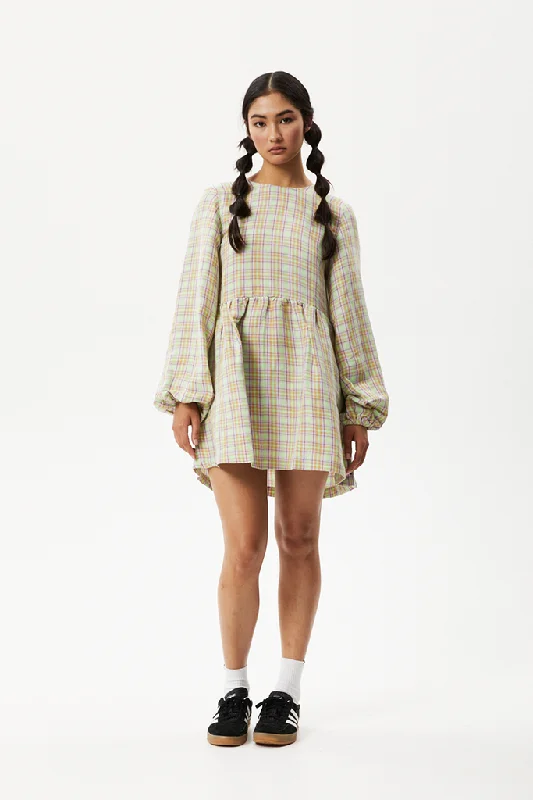 Stock Clearance Afends Kali Hemp Check Long Sleeve Dress Pistachio Check