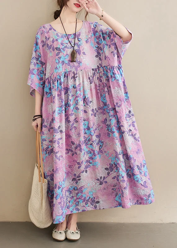 Midnight Madness Women O-Neck Print Patchwork Wrinkled Cotton Maxi Dresses Summer LC0006