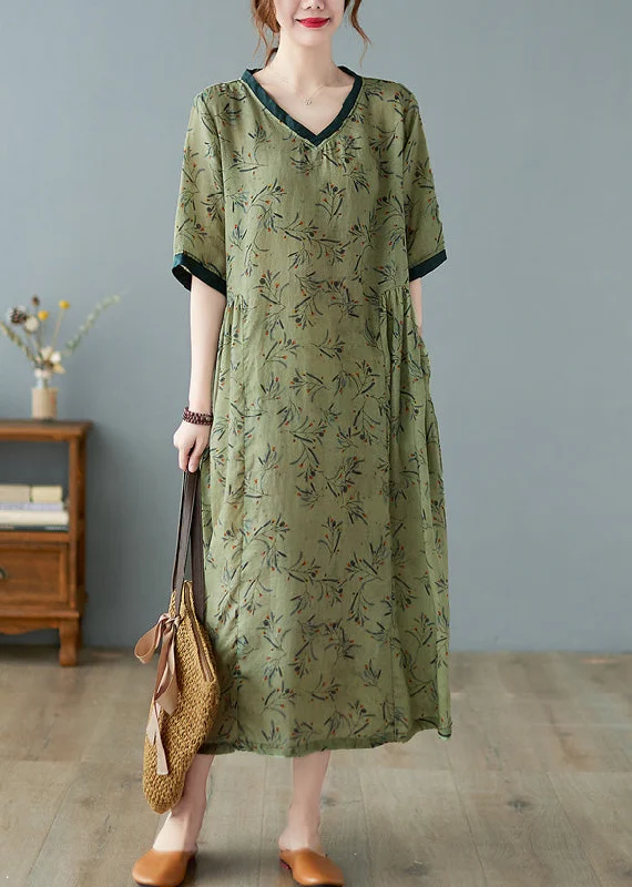 Price Drop Unique Green V Neck Print Patchwork Linen Long Dress AC2090