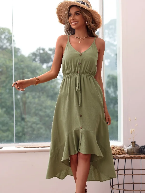 Early Access Ruffle Hem Spaghetti Dress, Casual V-neck Button Tie Front Backless Cami Dress, Women's Clothing AZ10028 Early Access Ruffle Hem Spaghetti Dress, Casual V-neck Button Tie Front Backless Cami Dress, Women's Clothing AZ10028