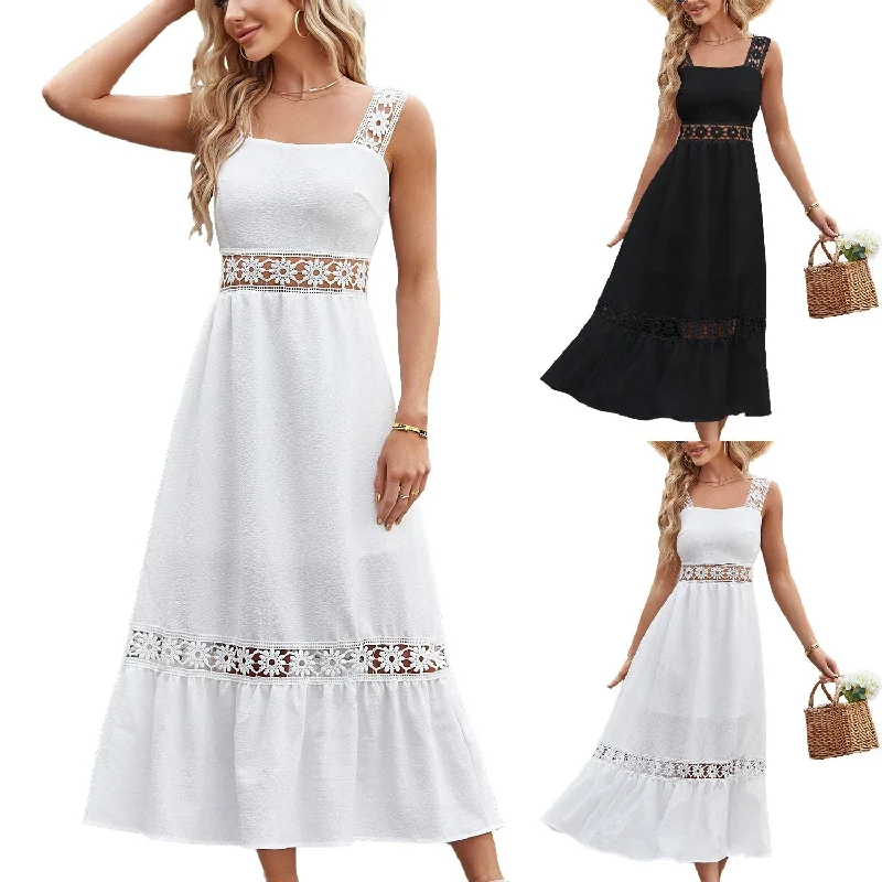 Big Discounts Solid Color Lace Spliced Square Neck Sleeveless Strap Dress