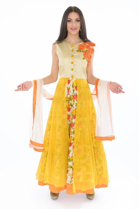 Limited Time Discount Vibrant Silk Floral Yellow Indo-Western Style Anarkali Gown