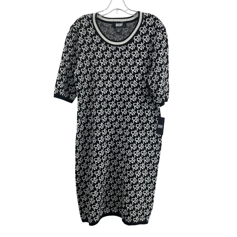 Holiday Sale DKNY Black & White Monogram Logo Women's Knit Sweater Dress, Midi, Rayon, L, NWT