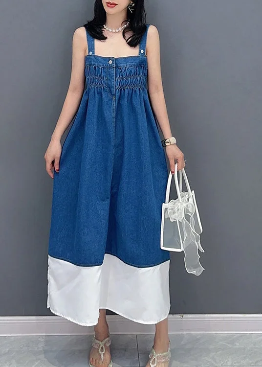 Buy More, Save More Brief Denim Blue Slash Neck Patchwork Cinched Button Maxi Dress Summer LC0318 Buy More, Save More Brief Denim Blue Slash Neck Patchwork Cinched Button Maxi Dress Summer LC0318