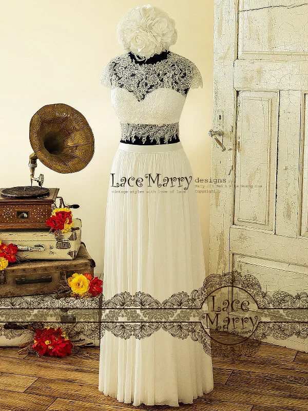 Overstock Two Piece Wedding Dress, Sheer Lace Crop Top with Bustier