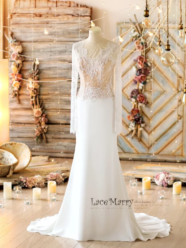 Sale Event Fitted Wedding Dress Set with Long Lace Sleeves Top