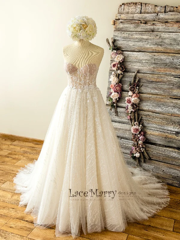 Shop and Save Sparkly Lace Wedding Dress with Strapless Bustier Neckline