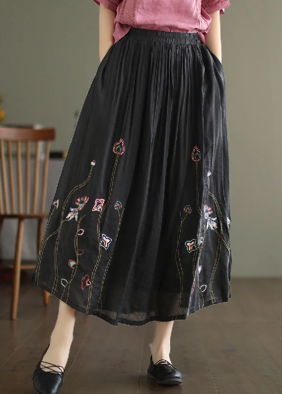 Massive Deals Women Black Elastic Waist Embroideried Linen Silk Skirt Spring TG1009