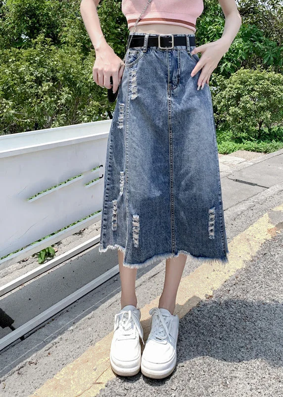 Exclusive Savings Modern Light Blue Patchwork Ripped A Line Denim Skirt TY1093