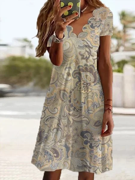 Limited Time Discount Women's Vintage Loose V Neck Ethnic Dress AT10080