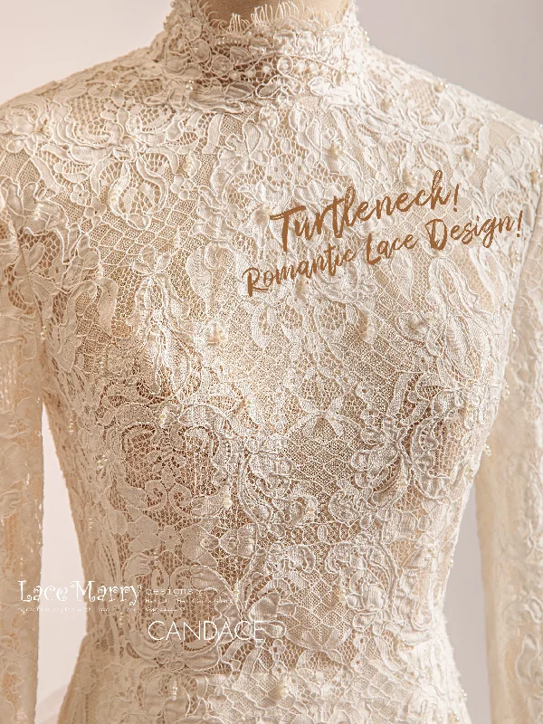 Instant Savings CANDACE / High Collar Lace Wedding Dress with Long Sleeves