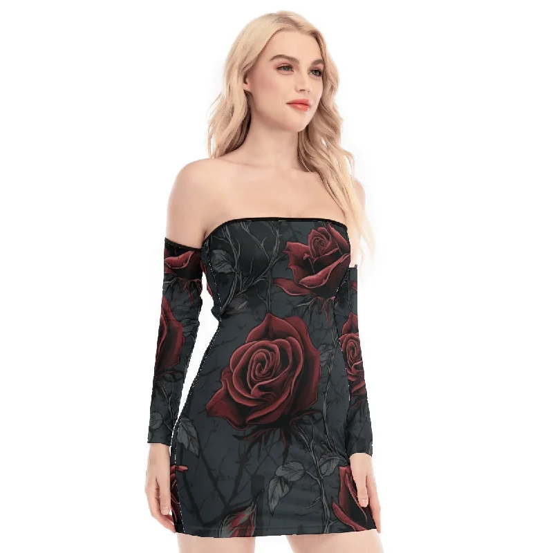 Price Buster Gothic Roses Off-shoulder Back Lace-up Dress