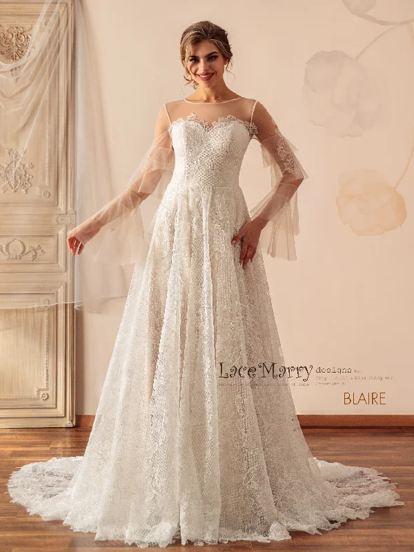 Clearance Event BLAIRE / A Line Lace Wedding Dress with Long Sleeves