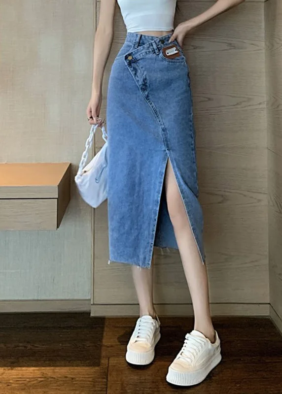 Act Fast Chic Blue Side Open Asymmetrical Patchwork Denim Maxi Skirts Summer TY1032