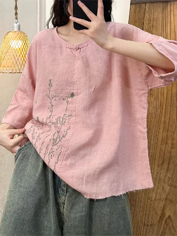 Fantastic Deals Women Summer Artsy Flower Print Linen Shirt QW1018