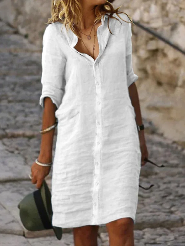 Super Bargain Cotton And Linen Loose Linen Plain Dress CC58