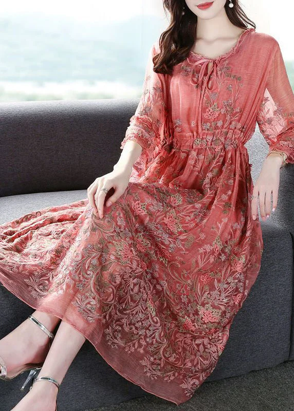 Low Prices Style Pink O-Neck Cinched Embroideried Silk Maxi Dress Bracelet Sleeve AC3041