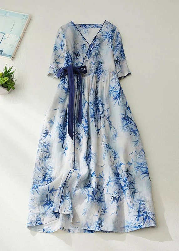 Mega Sale Women Blue V Neck Tie Waist Print Linen Cinched Dress Summer LY0914
