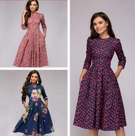 Limited Time Floral printed a line comfortable sleeves casual dress
