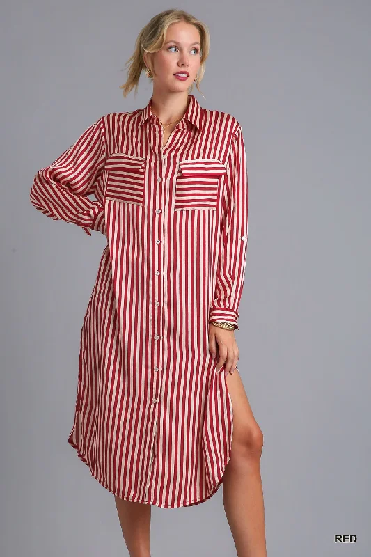 Mega Sale Striped Long Sleeve Button Down Midi Dress