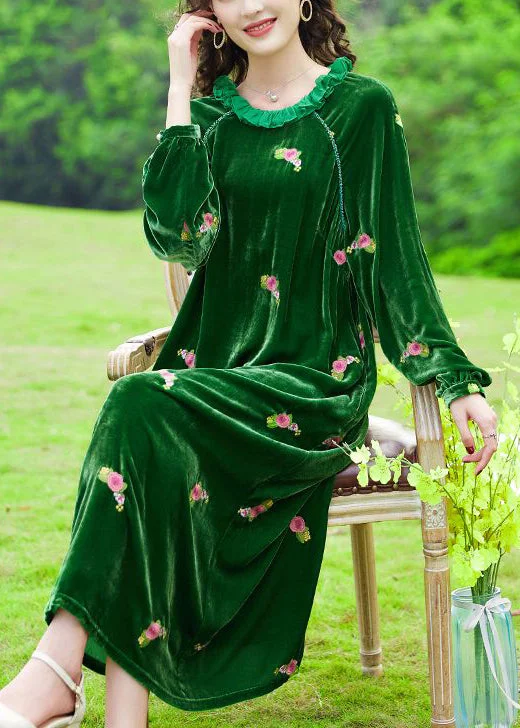 Bargain Blast Chic Green Ruffled Embroideried Floral Silk Velour Maxi Dresses AC3004