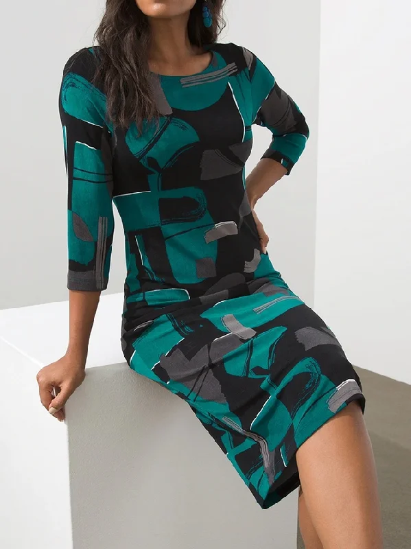 Limited Quantity Classic Print Color Block Casual Regular Fit Crew Neck Dress OY117
