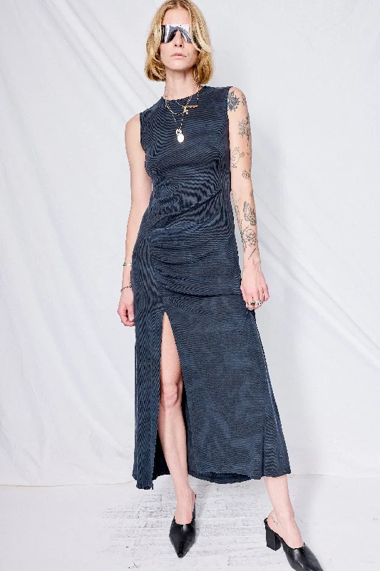Super Bargain Black Overdyed Ribbed Jersey Gather Dress