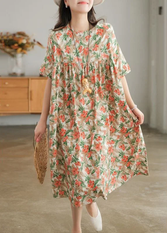 Take Advantage Bohemian Khaki Oversized Print Cotton A Line Dresses Short Sleeve LY0908
