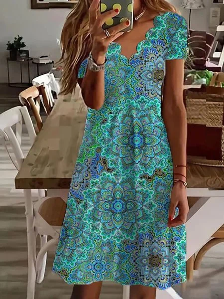Sneak Peek Sale Women's Paisley V Neck Loosen Short Sleeve Knit Dress AT10085