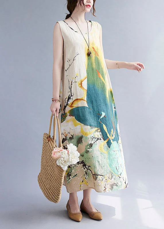 Limited Time Offer Vintage Beige Print O-Neck Linen Vacation Dresses Summer AC2082