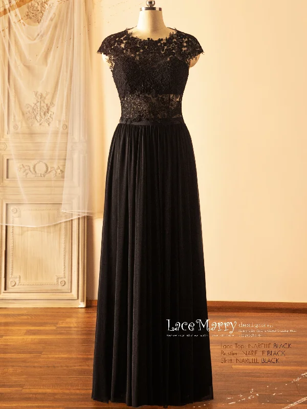 Today Only NARELLE / Black Wedding Dress with Boat Neckline Lace Top