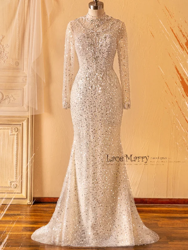 Midnight Madness JACINDA / All Over Beaded Wedding Dress with Long Sleeves