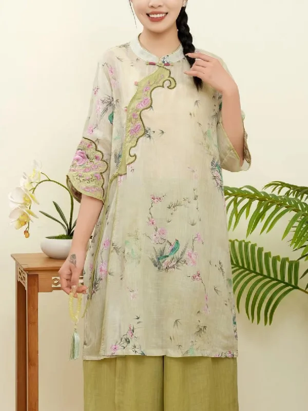 Quick Sale Women Summer Floral Ethnic Embroidery Ramie Shirt WE1015