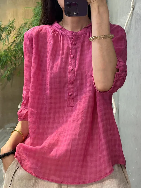 Year-End Sale Plus Size Women Artsy Summer Plaid 100%Ramie Shirt AA1014