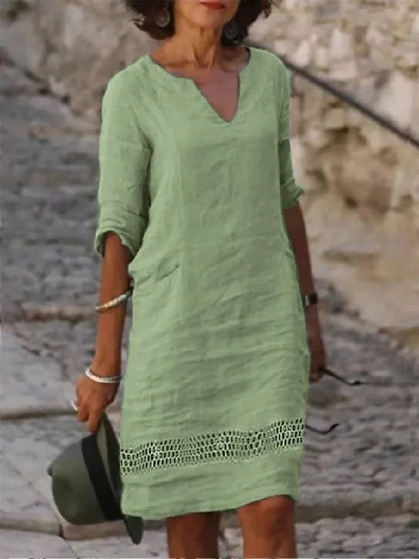 Instant Discount Plain Notched Linen Loose Dress  QPQ87