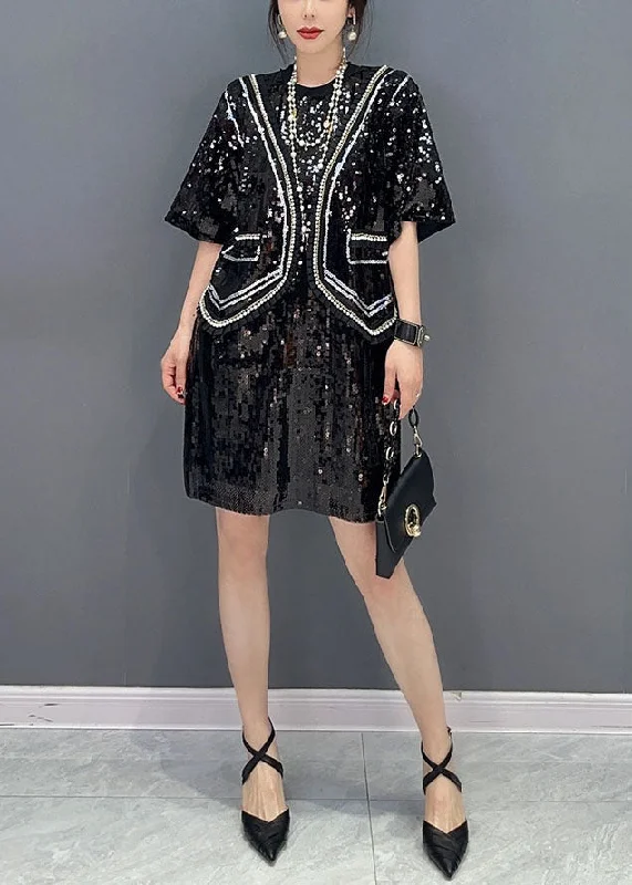 YEAR-End Clearance Handmade Black Sequins Patchwork False Two Pieces Dresses Spring LC0362 YEAR-End Clearance Handmade Black Sequins Patchwork False Two Pieces Dresses Spring LC0362
