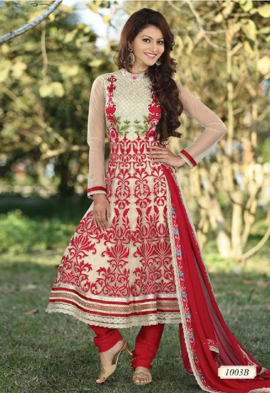 Deep Discounts Cream Net and Faux Georgette Anarkali Churidar Kameez (D. No. 1003-B) Deep Discounts Cream Net and Faux Georgette Anarkali Churidar Kameez (D. No. 1003-B)
