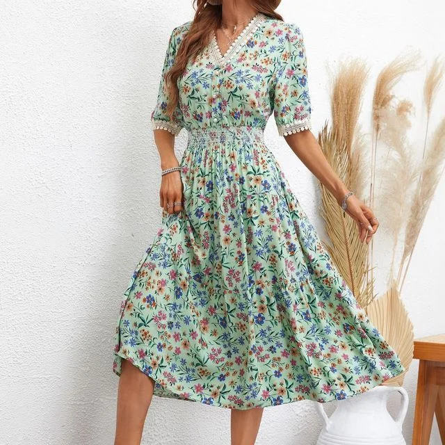 Mega Sale Short-Sleeve V-Neck Floral Midi A-Line Dress FR1061