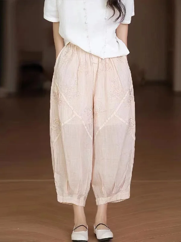 Final Clearance Women Vintage Embroidery Ramie Summer Harem Pants AA1002