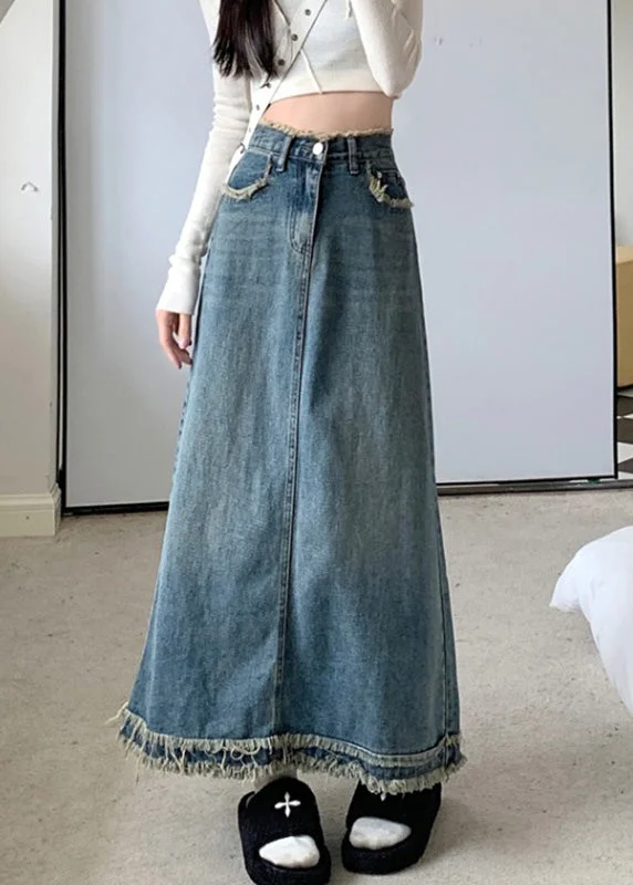 Limited Availability Boutique Blue Pockets Patchwork Maxi Skirt Summer TY1067