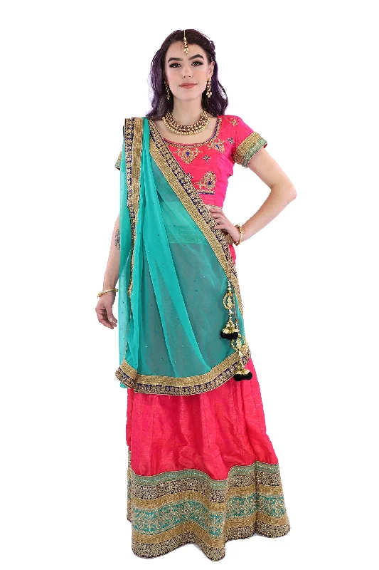 Buy More, Save More Electrifying Coral Pink and Teal Indian Wedding Lehenga- SNT11064