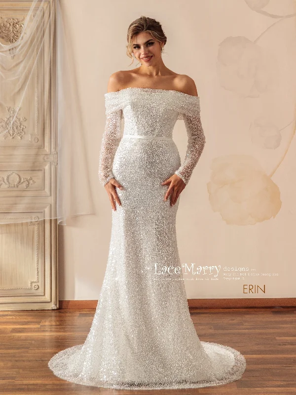 Deal Mania ERIN / Sparkling Wedding Dress with Off the Shoulder Long Sleeves